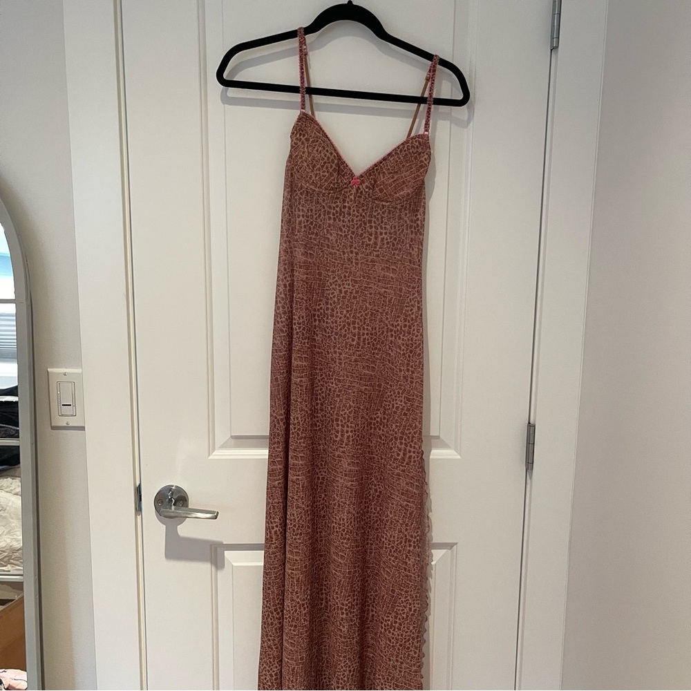 leopard mesh Slip Dress with pink bows